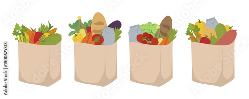 Set Vector illustration showcasing four grocery bags brimming with fresh produce like vegetables, fruits, and grains. Each bag highlights a variety of healthy food items for nutrition for sales and pr