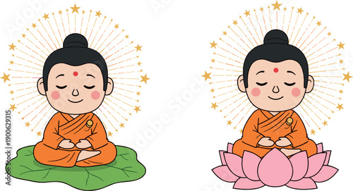 Cute Buddha meditating character set sitting on lotus flower with peaceful expression, spiritual cartoon flat vector illustration for mindfulness, yoga and religious design