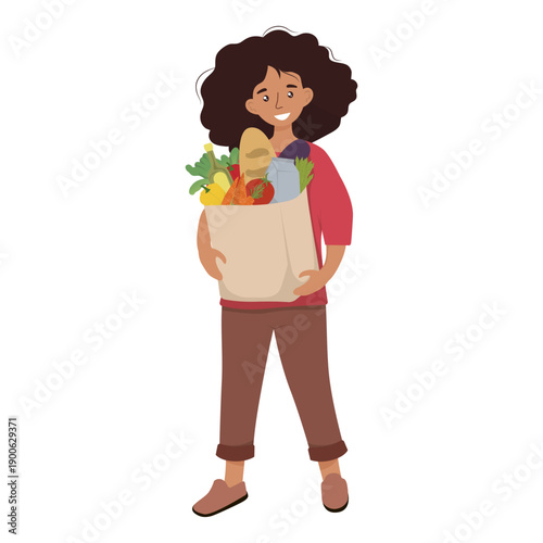 Smiling woman holding a paper bag full of groceries, including fresh vegetables and bread, depicted in a vector illustration. The image conveys a sense of health, sustenance, and positivity.