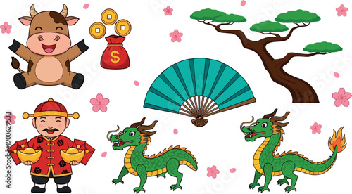 Cute Chinese New Year celebration element set with ox, dragon, lucky money, fan and festive symbols, colorful cartoon flat vector illustration for holiday design