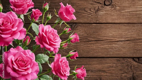 Seamless loop of animated hot pink rose blossoms gently growing and swaying over a stylized, subtly moving, textured brown wooden backdrop blossoms, modern, backdrop