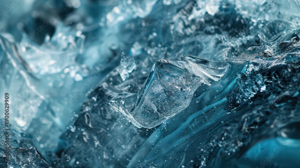 Obraz premium Icy glacial texture for winter design and creative projects. Close-up. Horizontal banner. Copy space. Blue winter glacial background