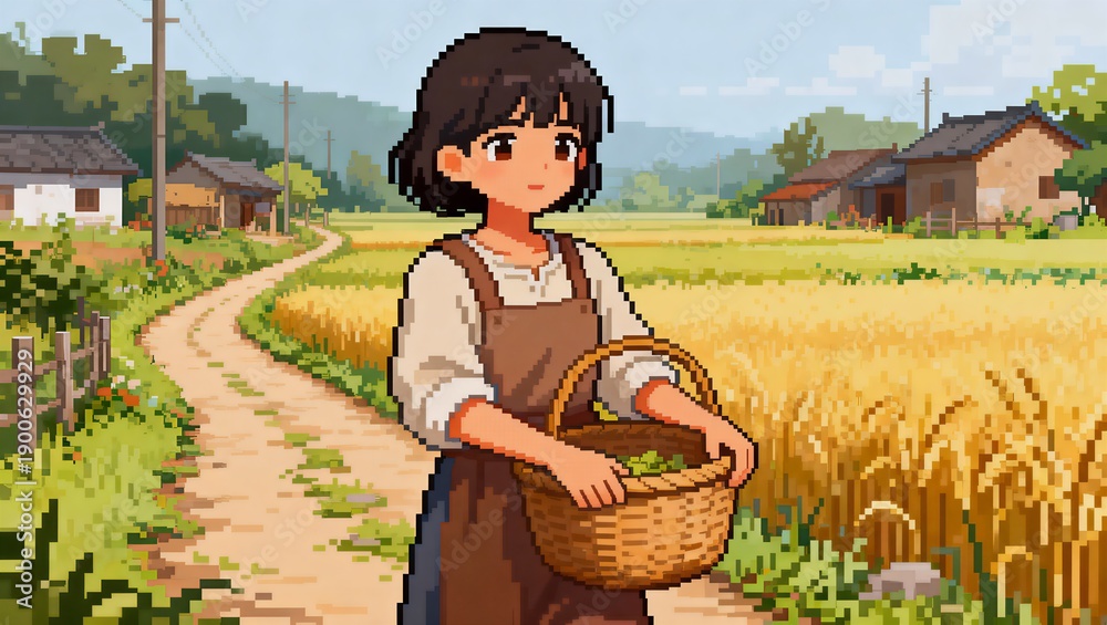 custom made wallpaper toronto digitalかごを持って村道を歩く素朴な少女のピクセルアート