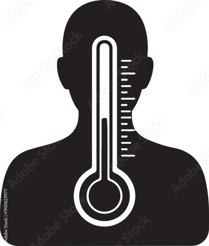 Human silhouette with thermometer on chest showing high temperature reading isolated on transparent background