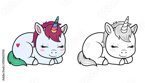 Cute Sleeping Baby Unicorn Cartoon Set – Colorful and Black and White Outline Illustration for Coloring Page