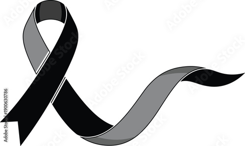 Abstract black and gray awareness ribbon swirl, elegant flowing mourning design for grief, memory, skin cancer awareness, and funeral memorial charity campaign