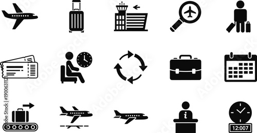 Airport and air travel black icon set featuring airplanes, luggage suitcases, terminal buildings, flight tickets, departure times, baggage carousels, and passenger information symbols.