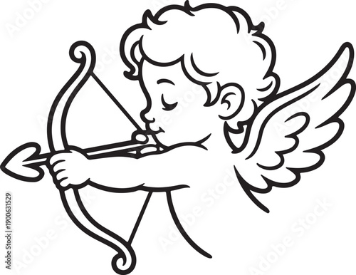 A young man dressed as a knight is holding a bow and arrow. He is flying through the air, and his wings are spread out. Concept of adventure and bravery