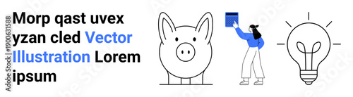 Financial planning, creativity, innovation, saving money, education, goal setting. Features a piggy bank, a woman holding a notebook and a lightbulb icon. Financial planning and creativity concept