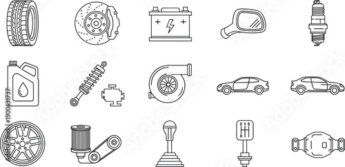 Automotive parts and accessories icon set, line style car components, engine, battery, tire, suspension, transmission, repair service, vehicle maintenance, vector illustration