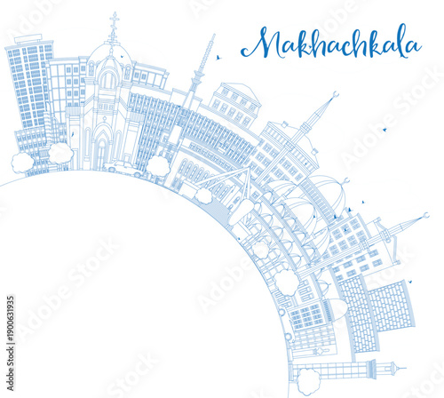 Outline Makhachkala Russia city skyline with blue buildings and copy space. Makhachkala cityscape with landmarks. Business travel tourism concept with modern architecture.