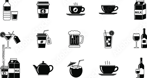 Beverage and drink line icon set, coffee, tea, water, milk, juice, beer, wine, cocktail, takeaway cup, café menu symbols, minimal vector illustration, isolated on white background