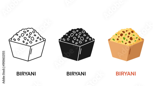 Three different illustrations of biryani in various colors Vector