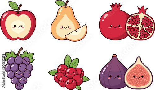 Cute fruit character set with apple, pear, pomegranate, grapes, berries and fig, adorable kawaii cartoon flat vector illustration for food and kids design