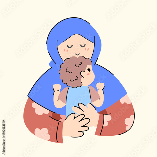 vector of a loving Muslim mother wearing hijab hugging her little child for Mother’s Day design.