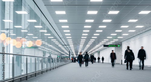 Motion blur of anonymous people walking down a brightly illuminated, modern corridor in an airport or business center