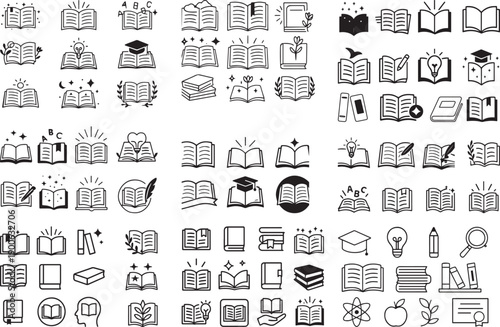 Education Book Reading 80 Icons Pack Black and White Book Symbols Editable EPS File