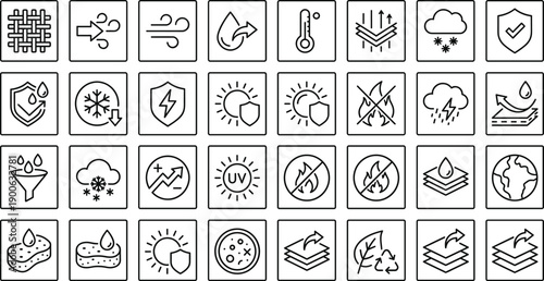 Black weather and climate protection icon set, eco environment symbols, temperature rain snow UV wind energy shield, line vector illustrations isolated on white background