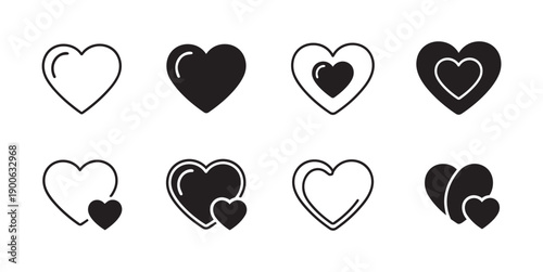 Black and white heart silhouette vector icons with solid, outlined and paired romantic designs