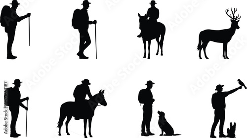 Outdoor adventure silhouettes collection, hiker cowboy rider deer dog bird figures, wildlife exploration scenes, minimal black vector illustration, isolated on white background