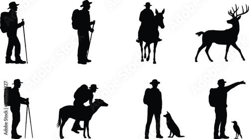 Outdoor adventure silhouettes set, hiker cowboy rider deer dog raven figures, wildlife exploration concept, minimal black vector illustration, isolated on white background