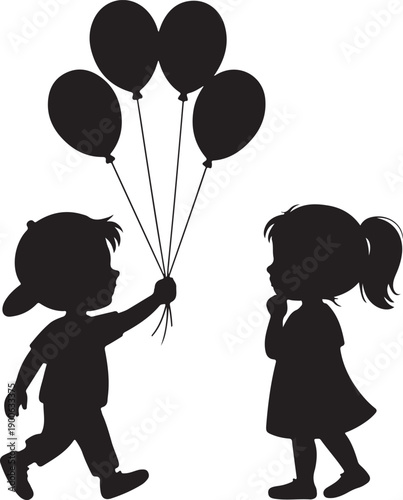 Black silhouette design with isolated white background of boy send girl balloons