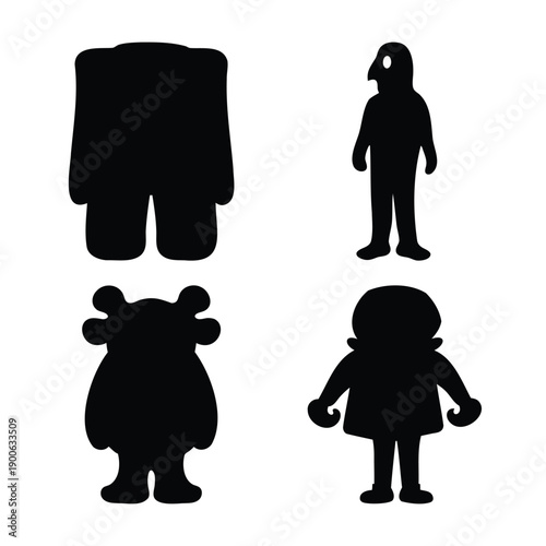 A collection of diverse stylized character silhouettes in black and white against a clean backdrop