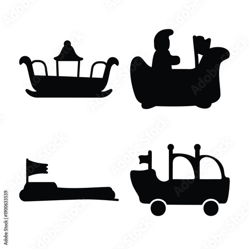 Diverse set of stylized black silhouette icons featuring various fun mode of transport