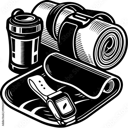 Hand drawn vintage sketch illustration of a black line art engraving featuring a tin can and can opener symbol for food design