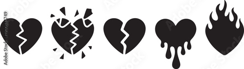 Broken heart gothic vector icon set, love sign rock gothic sticker, cracked grunge shapes, flame. Emo romance trendy print, y2k Valentine Day graffiti 90s art, breakup tattoo. Broken heart silhouette