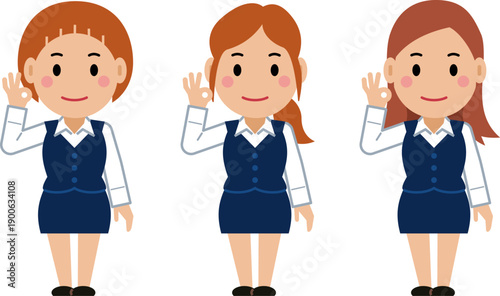 OKサインを出すネイビー事務服の若い女性。その2