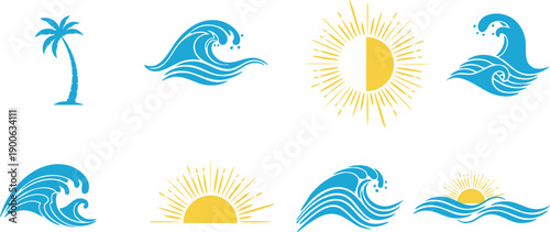 Tropical Summer Beach Icons Vector Set. Blue Ocean Waves, Yellow Sun, and Palm Tree Silhouettes for Vacation and Surf Design.