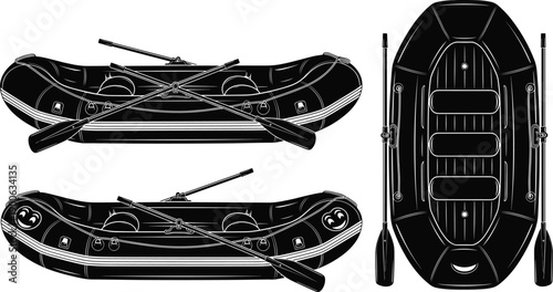 Inflatable rubber boat with oars, detailed black silhouette raft illustration front and top view isolated on white background