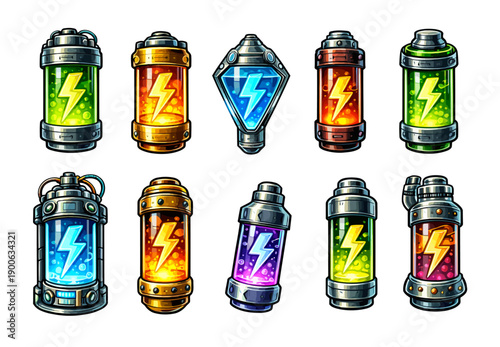 Set of 15 futuristic energy power cells illustrated in cartoon style, showing glowing electric containers with lightning symbols and colorful liquid cores