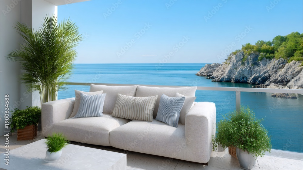 Obraz premium Balcony sofa overlooking Mediterranean sea and coastal cliffs
