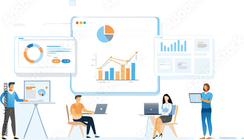 Vector illustration of people working with laptops and analyzing data on graphs and charts for presentation or website, isolated on transparent background, png