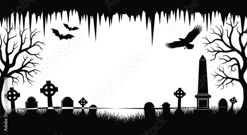Spooky Halloween Cemetery Border Silhouette with Ornate Graves Bare Winter Trees Bats and Raven Under Jagged Cave Icicles Isolated on White Background Vector Illustration