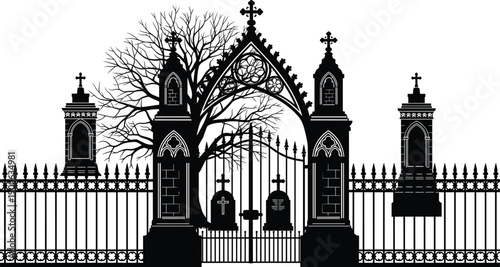 Spooky Gothic Cemetery Scene with Ornate Gate Silhouette Grave Headstones and Bare Winter Tree Isolated on White Background for Halloween Horror Vector Graphic Design