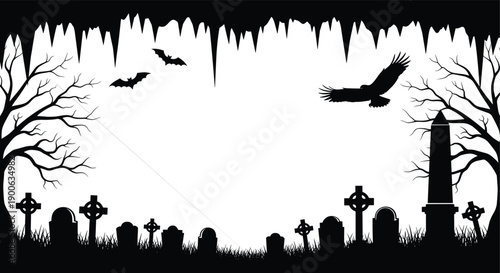 Spooky Halloween graveyard silhouette background with gothic gravestones, flying bats, a soaring owl, bare trees, and jagged cave icicles isolated on a white background.