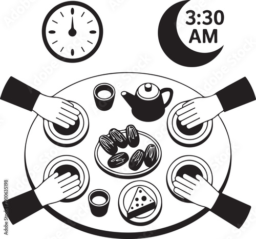 Detailed ramadan kareem and eid mubarak celebration outline icons set showing mosques prayer and food symbols