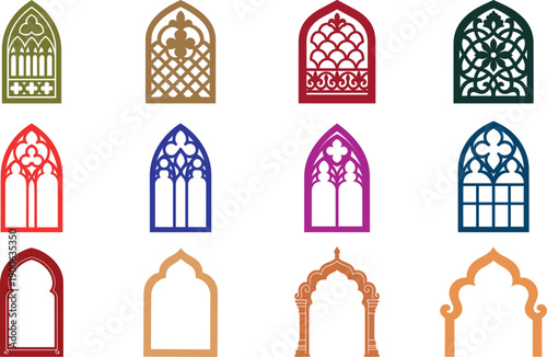 Ornamental Islamic arch window and door frame vector set inspired by Moorish and Gothic architecture
