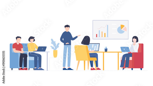 vector illustration of diverse office workers collaborating with laptops and presentation on screen for business or marketing, isolated on transparent background, png