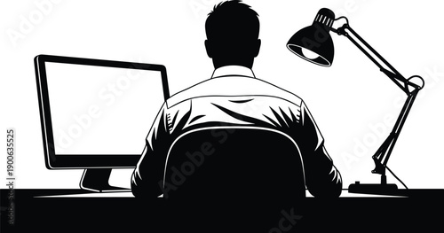 Man working at computer desk silhouette, focused professional workspace, night office productivity concept isolated on white background illustration