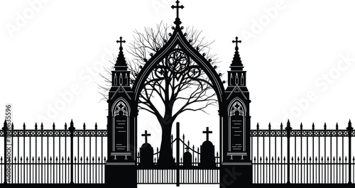 Intricate black silhouette of a gothic cemetery gate featuring spooky bare trees, iron fences, and gravestones with crosses for Halloween backgrounds and horror themes.