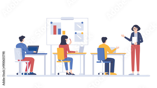 vector illustration of business team meeting with laptops and whiteboard, office collaboration scene, for presentation or website