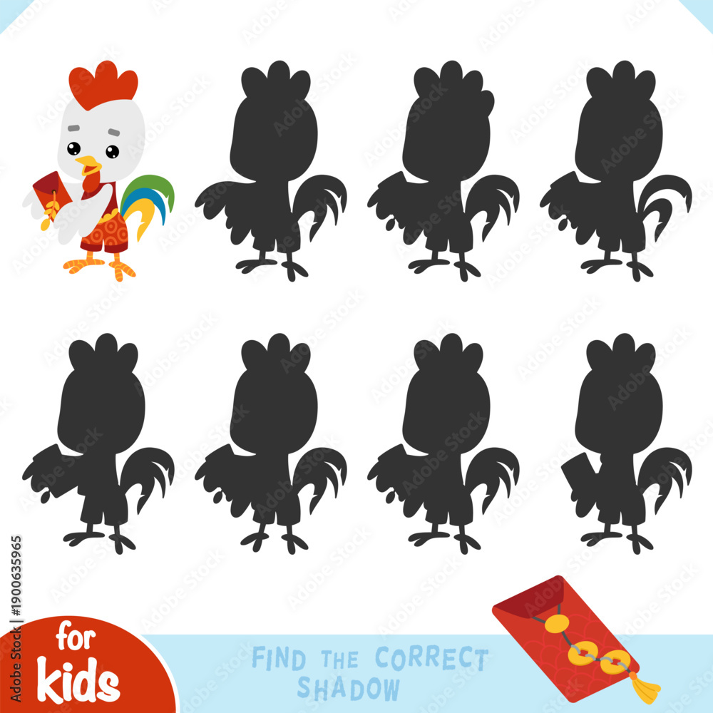 Fototapeta premium Cute zodiac rooster and red envelope as symbol of the Chinese New Year. Find the correct shadow game for preschool and kindergarten kids. Fun educational activity for learning focus and shapes