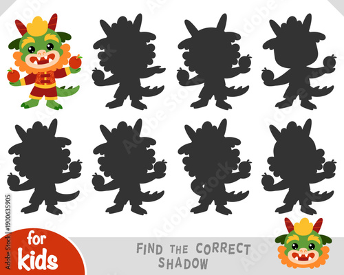 Cute zodiac dragon and apples as symbol of the Chinese New Year. Find the correct shadow game for preschool and kindergarten kids. Fun educational activity for learning focus and shapes