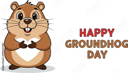 Cute cartoon groundhog illustration holding a white heart with Happy Groundhog Day text isolated on white background for seasonal holiday greetings and February celebrations.