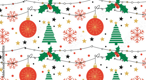 Colorful seamless Christmas pattern featuring red ornaments, green trees, snowflakes, holly berries, and festive string lights for holiday gift wrapping, winter wallpapers, and seasonal textiles.