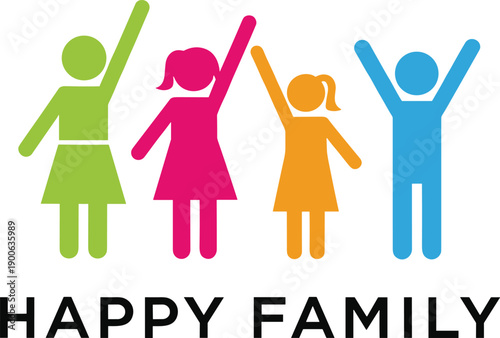 Colorful happy family icon set featuring four diverse stick figure silhouettes with raised arms and bold black typography for community, unity, and relationship concepts.